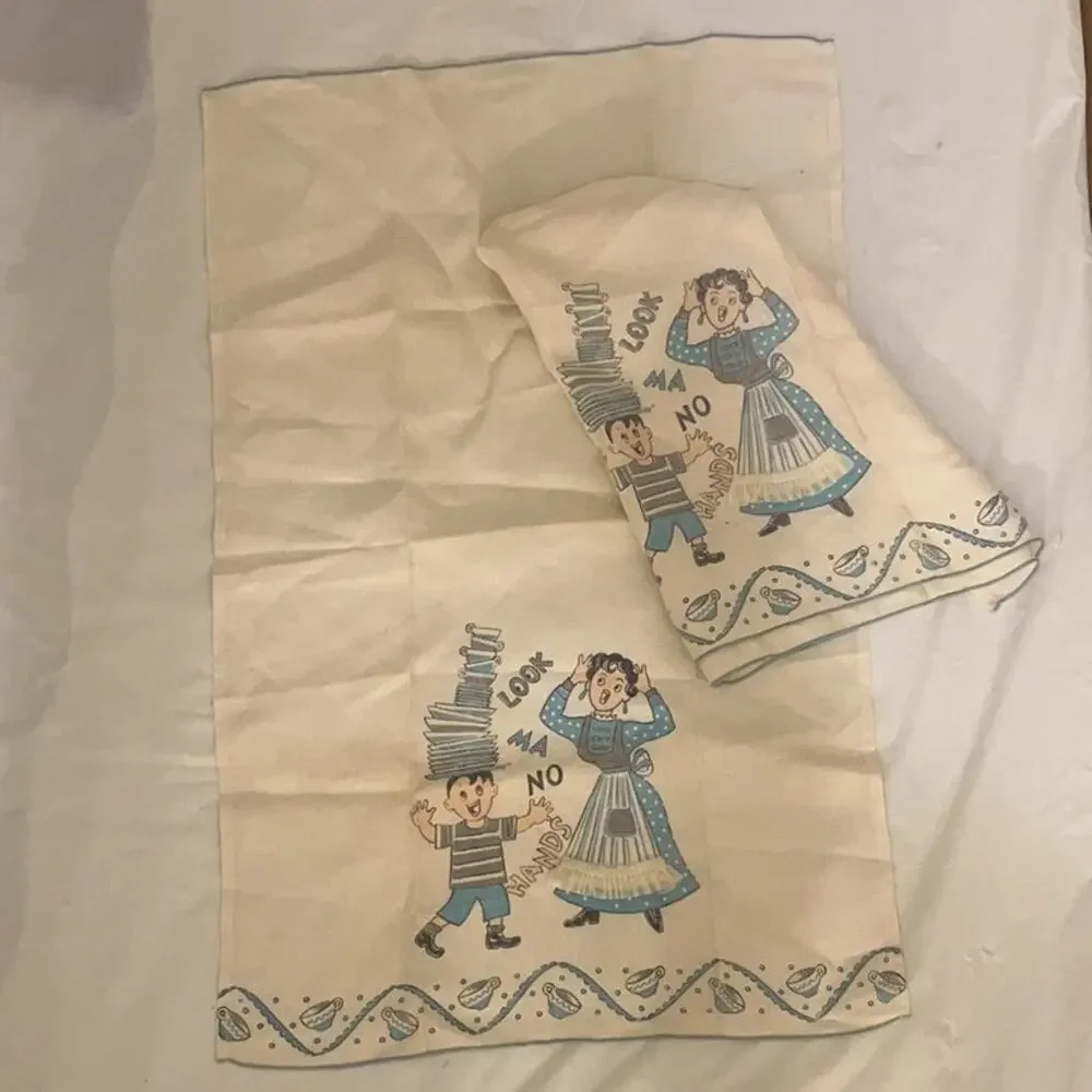 Vintage Lot of 2 Tea Kitchen Towel  - Look Ma No Hands - Off White / Blue